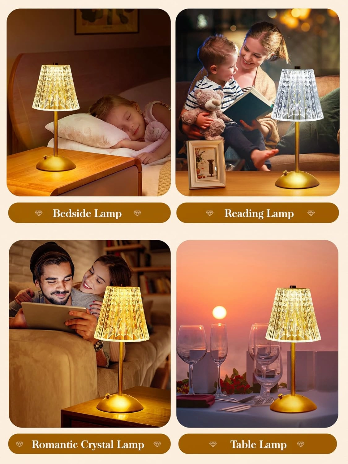 One Fire Nightstand Lamps Set of 2, Dimmable Crystal Table Lamp 3 Colors Gold Lamp,Touch Lamp Bedroom Lamps, Rechargeable Small Lamp, Bedside Lamps Set of 2 for Bedroom Living Room Bathroom Hotel Bar