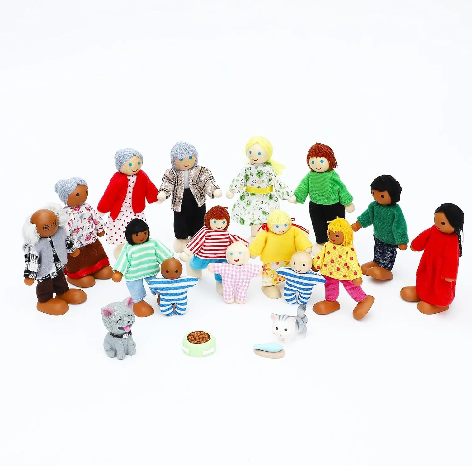 ONEST 20 Pieces Wooden Dollhouse Family Set Mini People Figures Dog Cat Sets Dollhouse Dolls Wooden Doll Family Pretend Play Figures Accessories for Pretend Doll House Toy