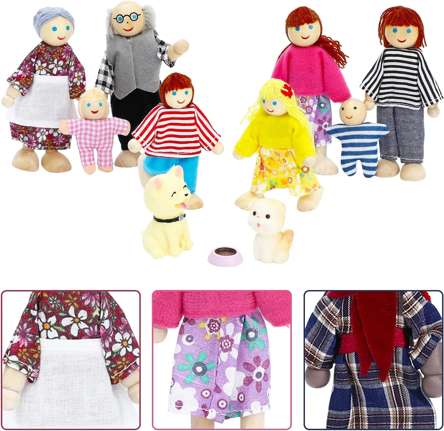 ONEST 20 Pieces Wooden Dollhouse Family Set Mini People Figures Dog Cat Sets Dollhouse Dolls Wooden Doll Family Pretend Play Figures Accessories for Pretend Doll House Toy