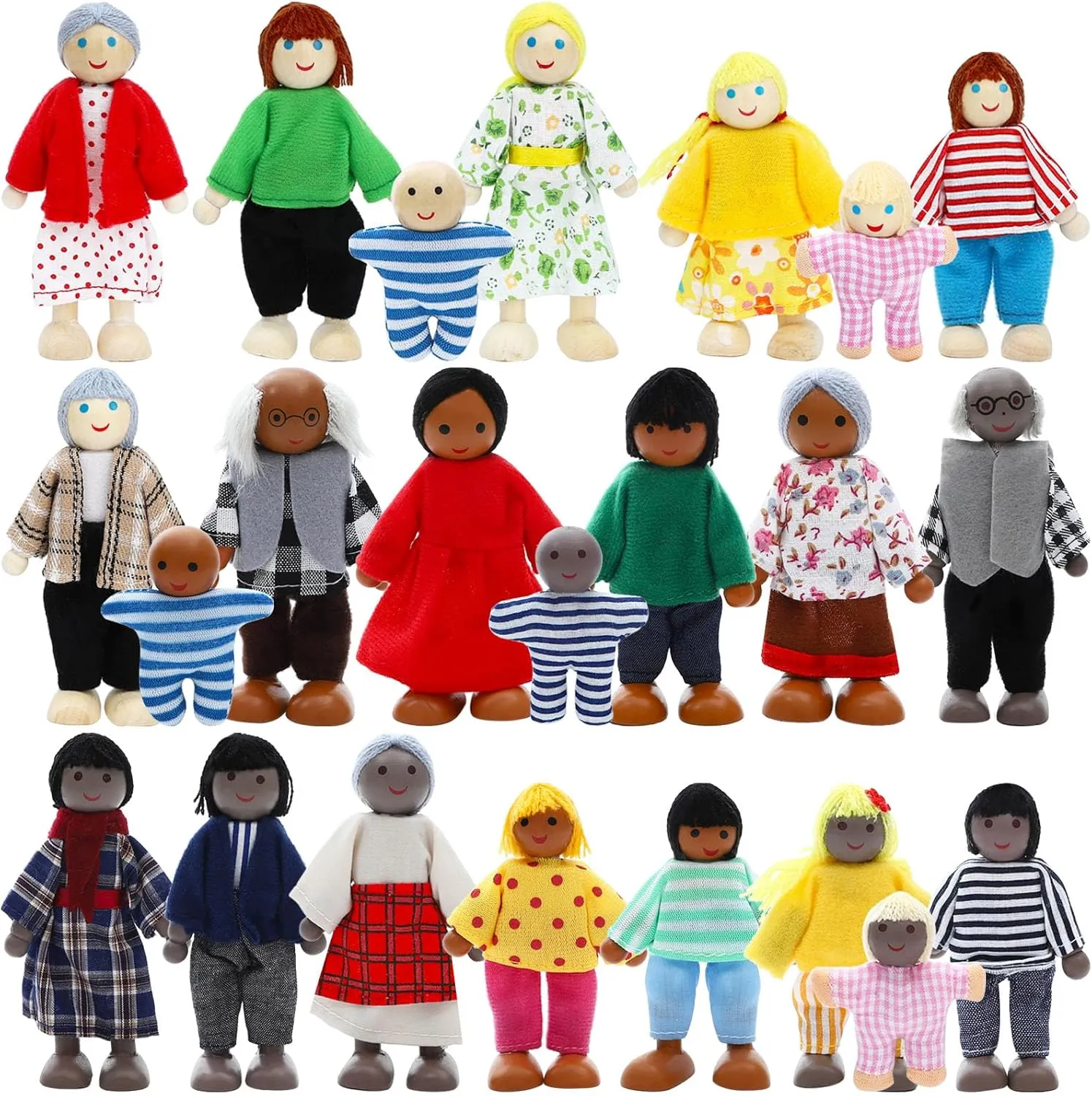 ONEST 23 Pieces Wooden Dollhouse Family Set Mini People Figures Dollhouse Dolls Wooden Doll Family Pretend Play Figures Accessories for Pretend Doll House Toy