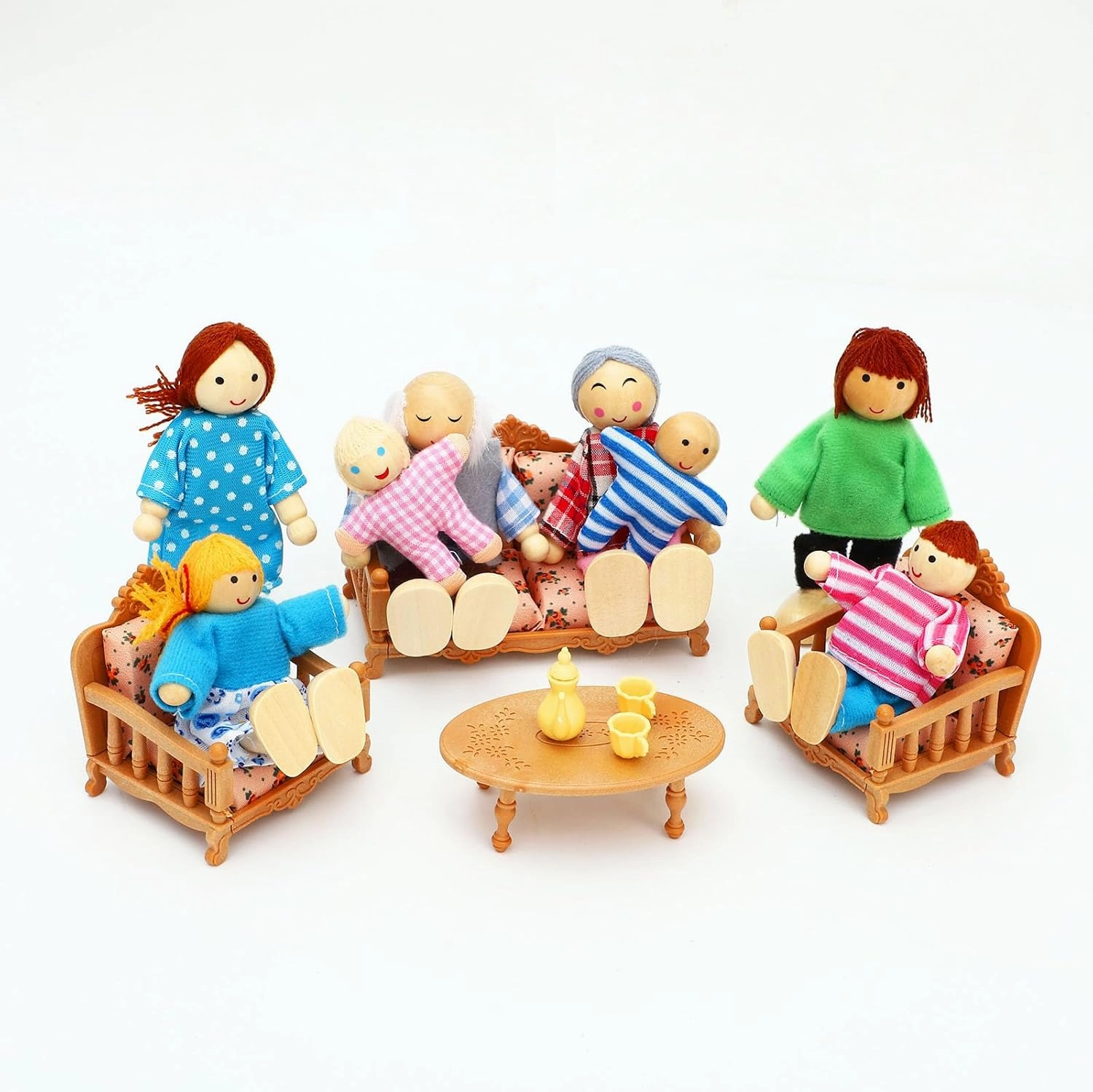 ONEST 15 Pieces Wooden Dollhouse Family Set Mini People Figures Sets Dollhouse Dolls Wooden Doll Family Pretend Play Figures Accessories for Pretend Doll House Toy