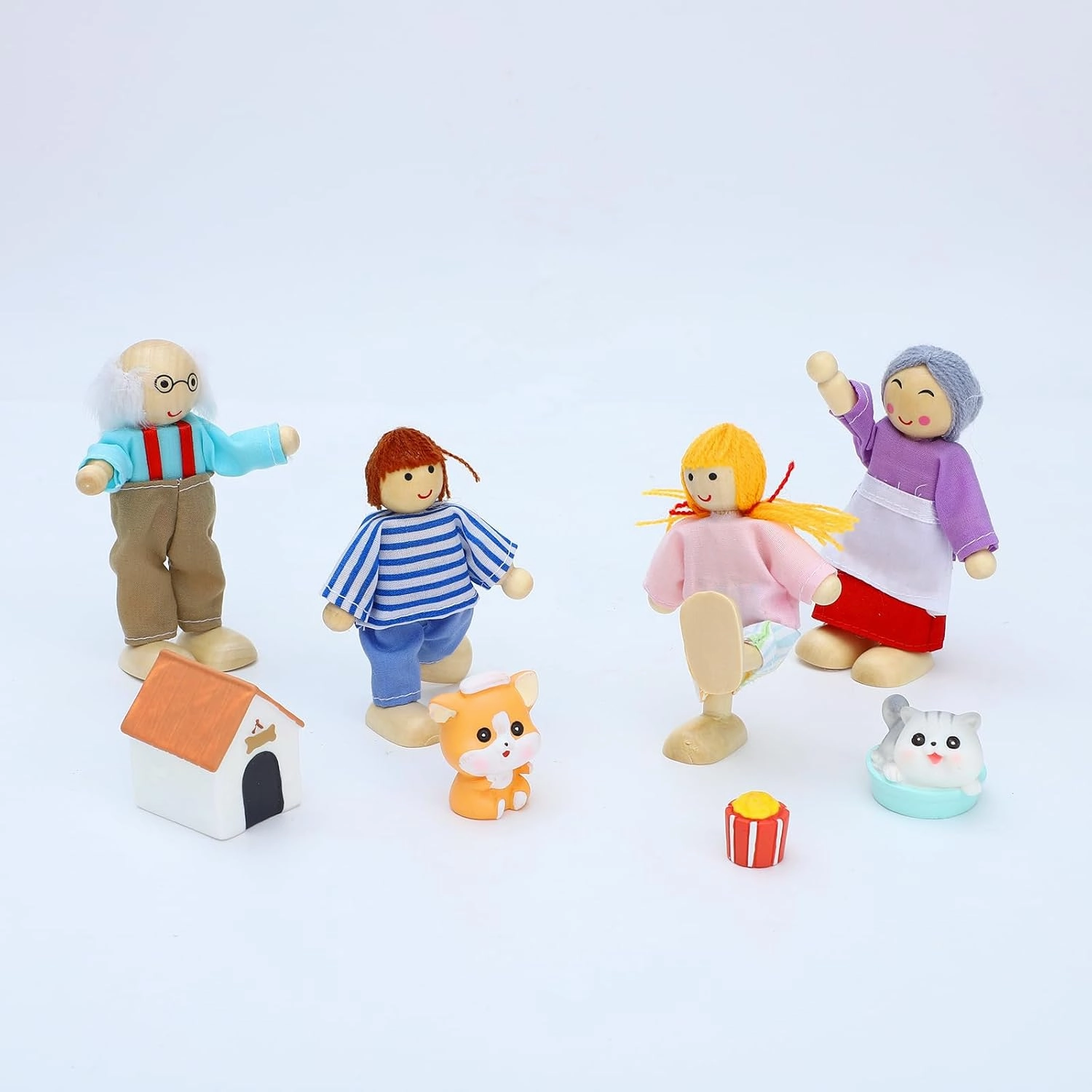 ONEST 18 Pieces Wooden Dollhouse Family Set Mini People Figures Dog Cat Sets Dollhouses Dolls Wooden Doll Family Pretend Play Figures Accessories for Pretend Dollhouse Toy