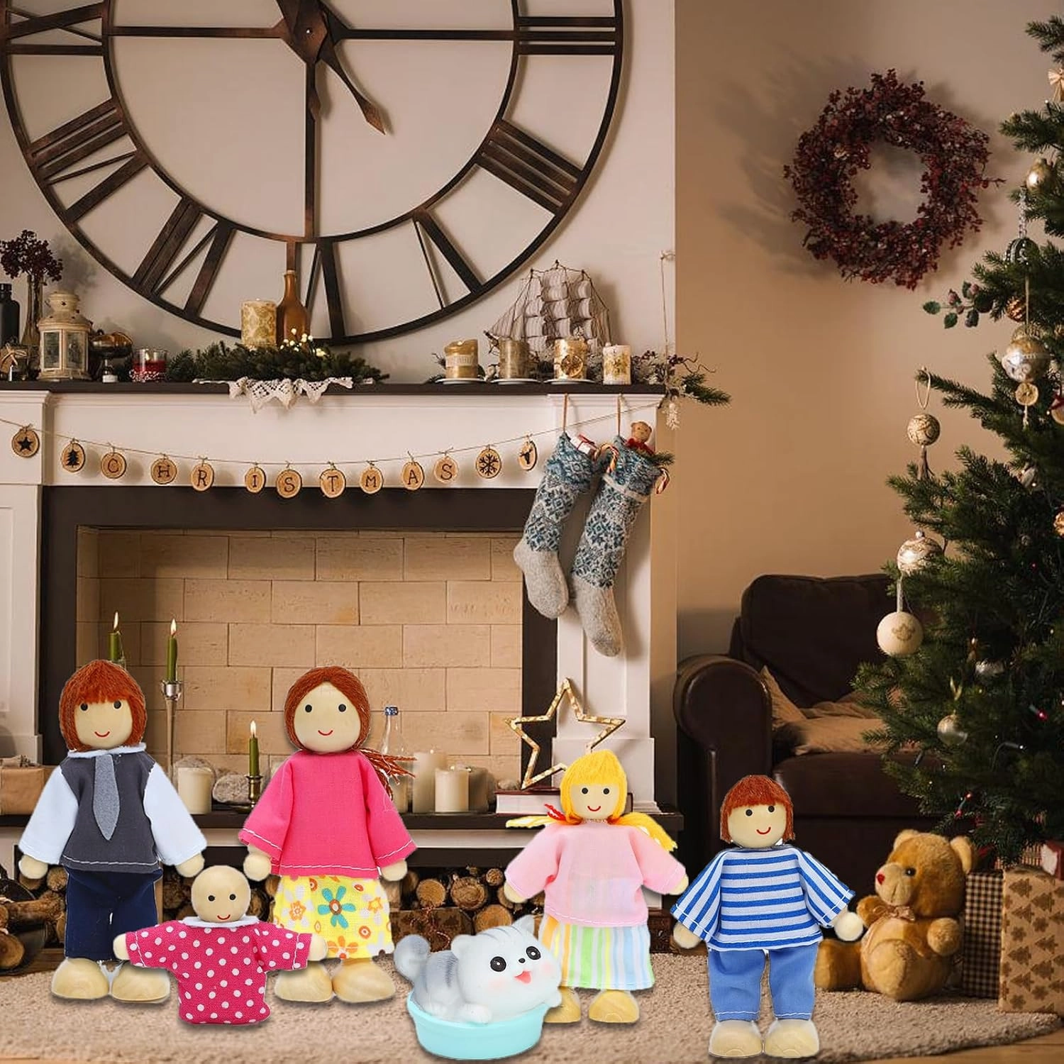 ONEST 18 Pieces Wooden Dollhouse Family Set Mini People Figures Dog Cat Sets Dollhouses Dolls Wooden Doll Family Pretend Play Figures Accessories for Pretend Dollhouse Toy