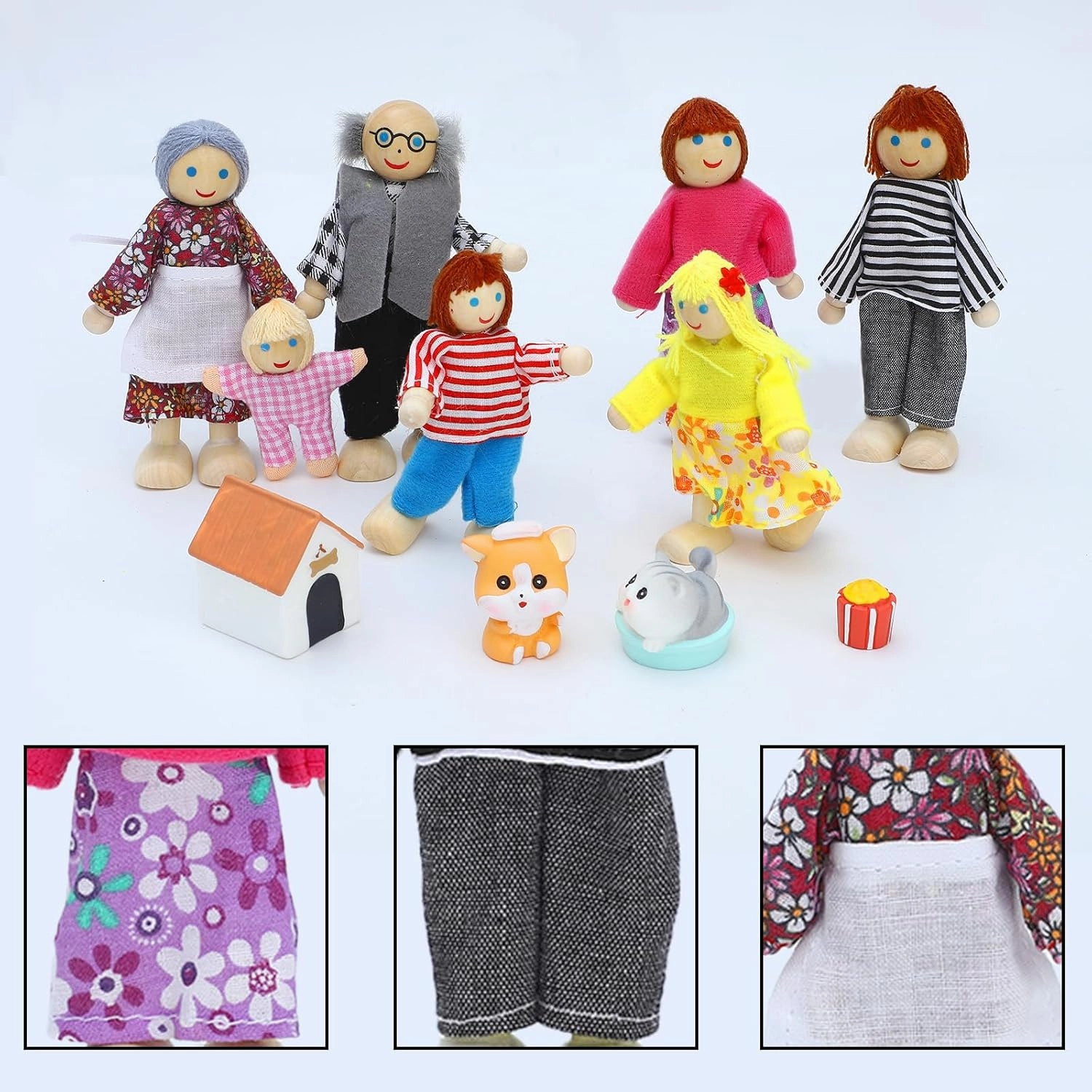 ONEST 18 Pieces Wooden Dollhouse Family Set Mini People Figures Dog Cat Sets Dollhouses Dolls Wooden Doll Family Pretend Play Figures Accessories for Pretend Dollhouse Toy