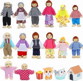 ONEST 18 Pieces Wooden Dollhouse Family Set Mini People Figures Dog Cat Sets Dollhouses Dolls Wooden Doll Family Pretend Play Figures Accessories for Pretend Dollhouse Toy