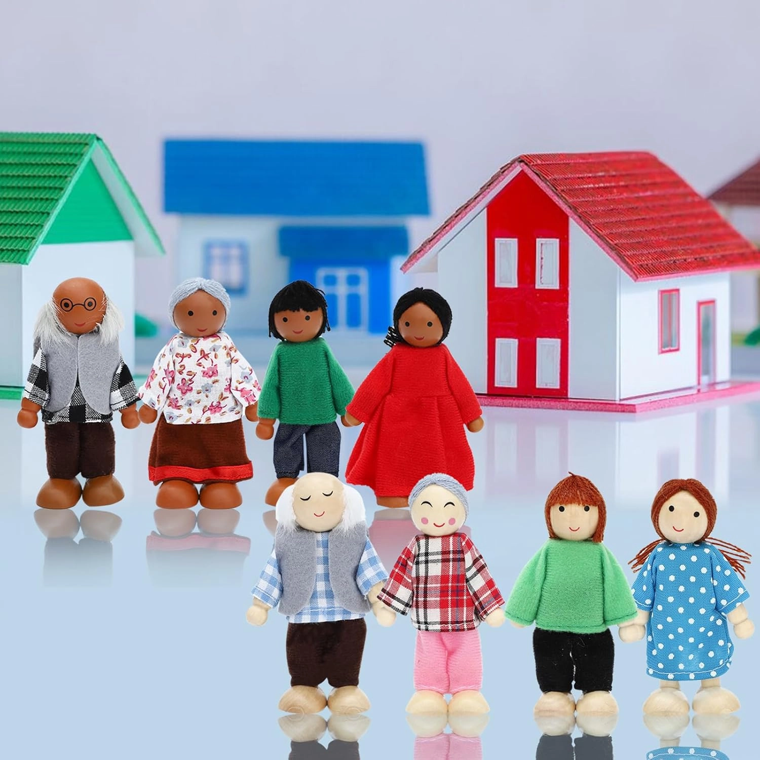 ONEST 19 Pieces Wooden Dollhouse Family Set Mini People Figures Sets Dollhouse Dolls Wooden Doll Family Pretend Play Figures Accessories for Pretend Dollhouse Toy