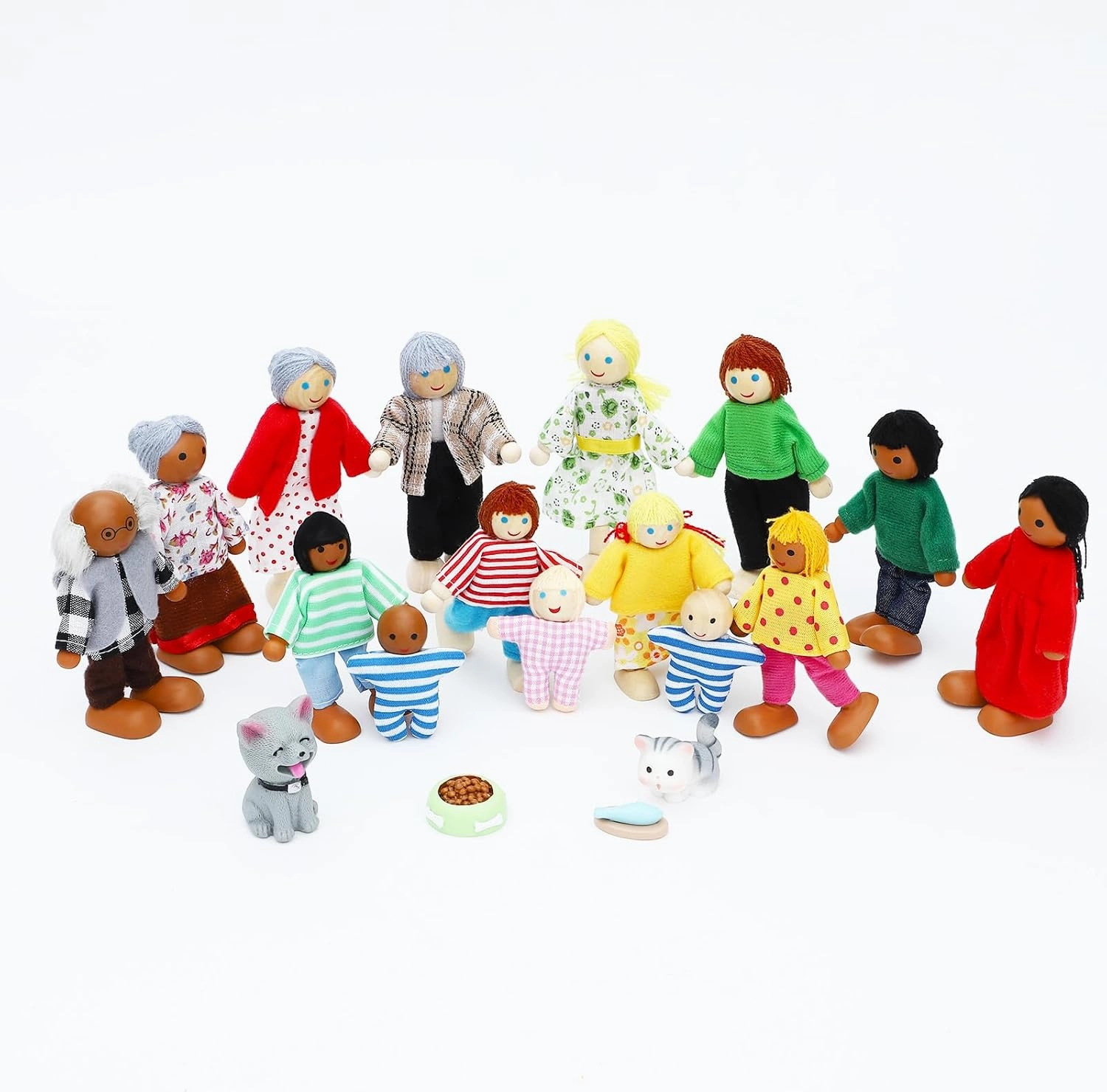 ONEST 20 Pieces Wooden Dollhouse Family Set Mini People Figures Dog Cat Sets Dollhouse Dolls Wooden Doll Family Pretend Play Figures Accessories for Pretend Doll House Toy