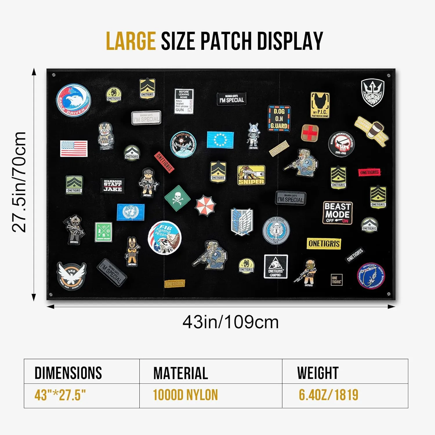 OneTigris Tactical Patch Display, 43"x27.5" Military Patch Display Board Organizer Foldable Patch Holder with Loop Surface, Steel Ring for Army Combat Morale Emblems