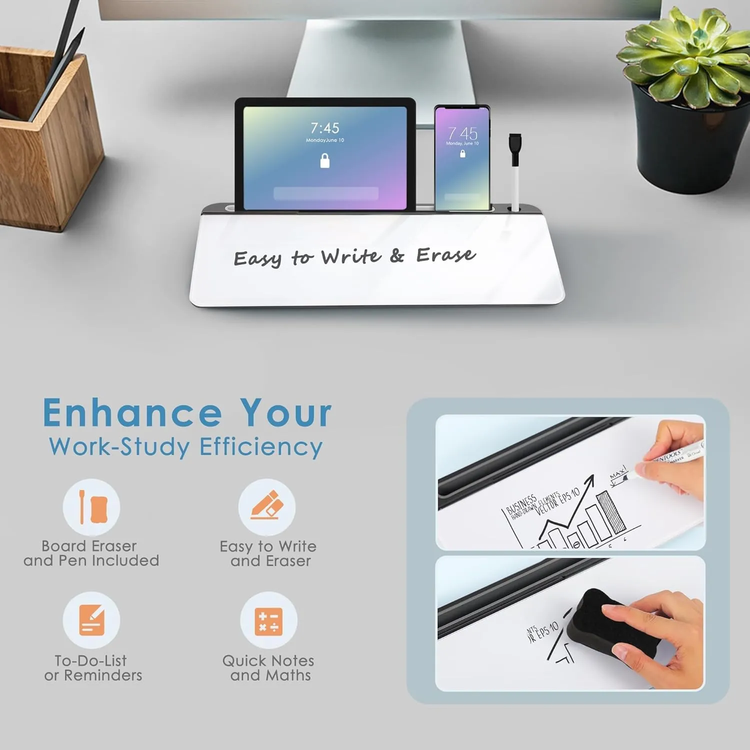 ORIENTOOLS Small Glass Desktop Whiteboard, Desk Whiteboard, to-do List Memo Desk Dry Erase Board with Storage, Computer Pad & Keyboard Stand, Desk Organizers with Accessories for Office, Home, School