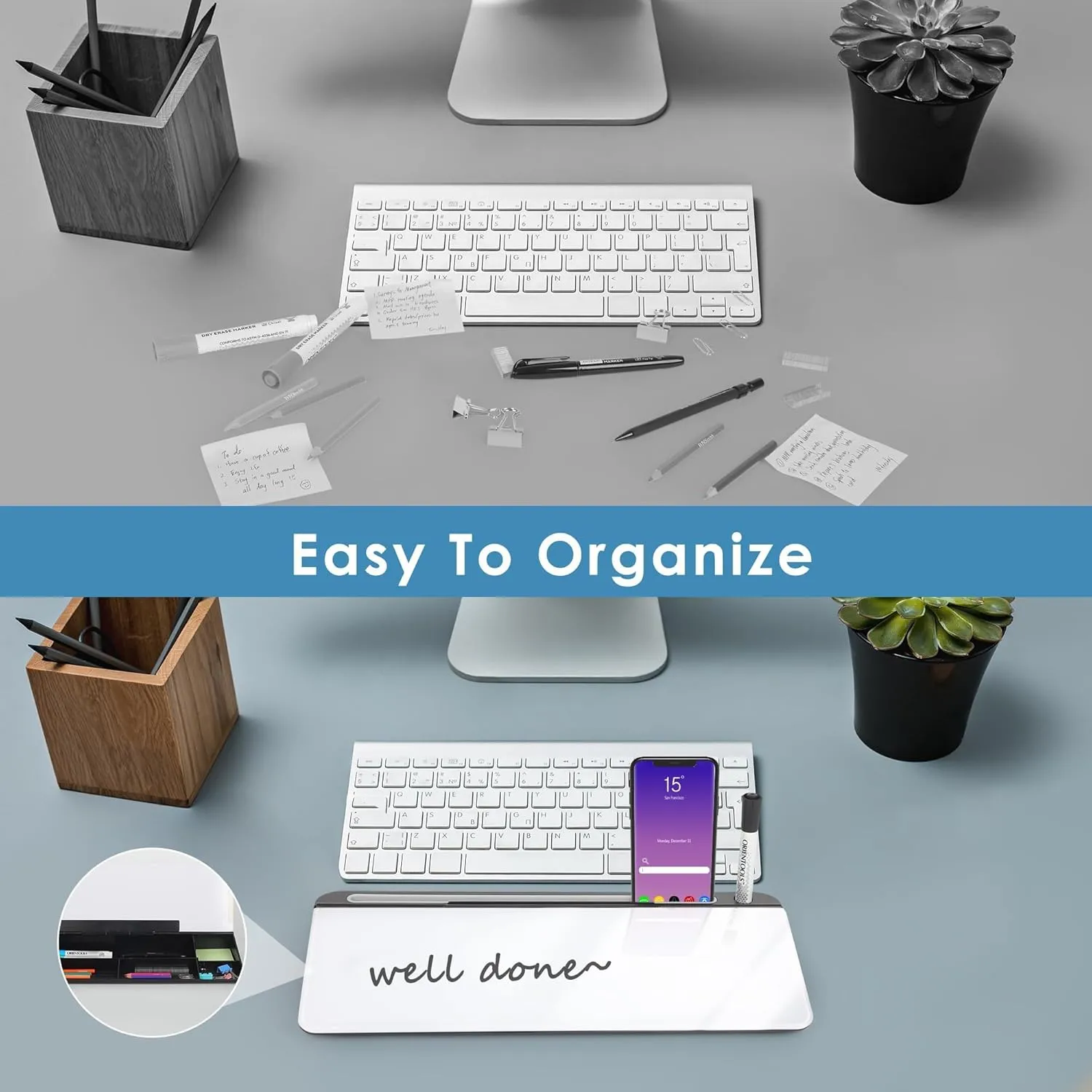 ORIENTOOLS Small Glass Desktop Whiteboard, Desk Whiteboard, to-do List Memo Desk Dry Erase Board with Storage, Computer Pad & Keyboard Stand, Desk Organizers with Accessories for Office, Home, School