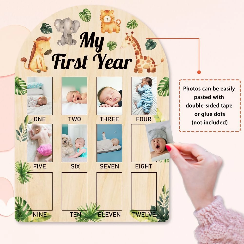 ORIGACH My First Year Baby Growth Photo Display Wood Board - 12 Months Newborn Milestones Picture Frame - Neutral Baby Keepsake Board 1st Birthday Party Nursery Decor New Mom Gift - Jungle Animals