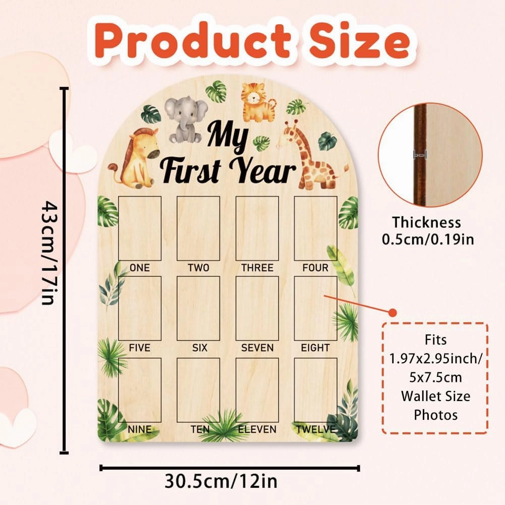 ORIGACH My First Year Baby Growth Photo Display Wood Board - 12 Months Newborn Milestones Picture Frame - Neutral Baby Keepsake Board 1st Birthday Party Nursery Decor New Mom Gift - Jungle Animals