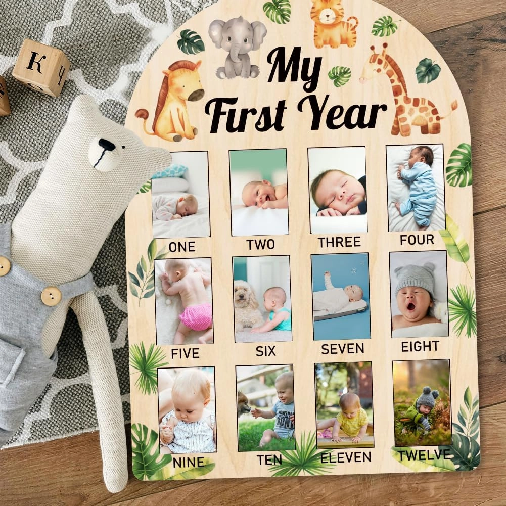 ORIGACH My First Year Baby Growth Photo Display Wood Board - 12 Months Newborn Milestones Picture Frame - Neutral Baby Keepsake Board 1st Birthday Party Nursery Decor New Mom Gift - Jungle Animals