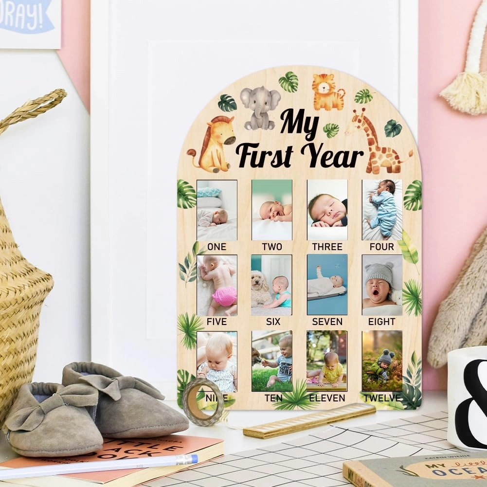 ORIGACH My First Year Baby Growth Photo Display Wood Board - 12 Months Newborn Milestones Picture Frame - Neutral Baby Keepsake Board 1st Birthday Party Nursery Decor New Mom Gift - Jungle Animals