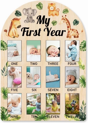 ORIGACH My First Year Baby Growth Photo Display Wood Board - 12 Months Newborn Milestones Picture Frame - Neutral Baby Keepsake Board 1st Birthday Party Nursery Decor New Mom Gift - Jungle Animals