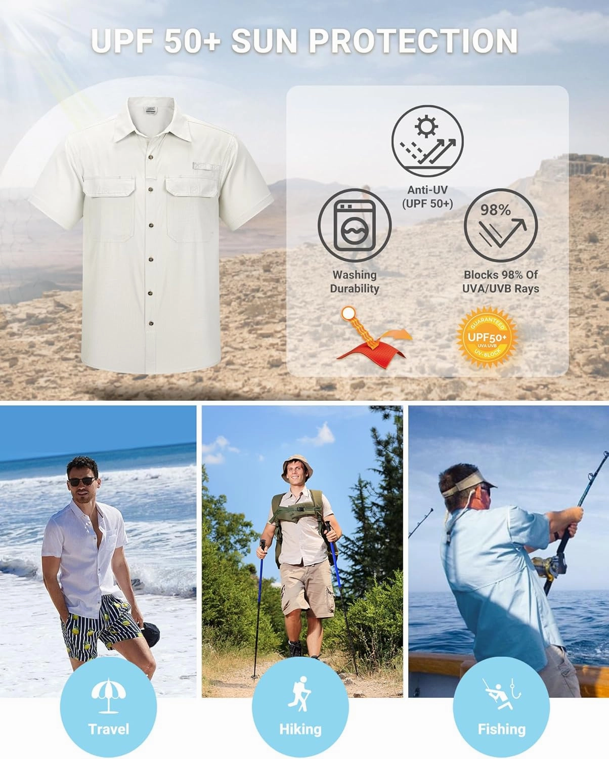 Outdoor Ventures Men's Lightweight Short Sleeve Fishing Shirt UPF 50 Button Down Quick Dry Cooling Hiking Travel Safari Shirt
