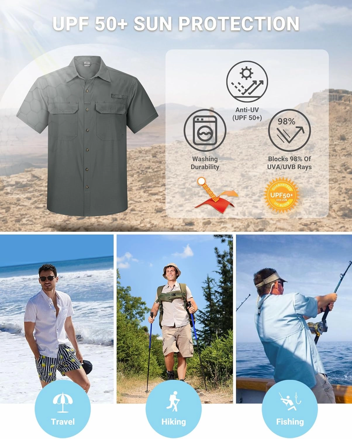 Outdoor Ventures Men's Lightweight Short Sleeve Fishing Shirt UPF 50 Button Down Quick Dry Cooling Hiking Travel Safari Shirt