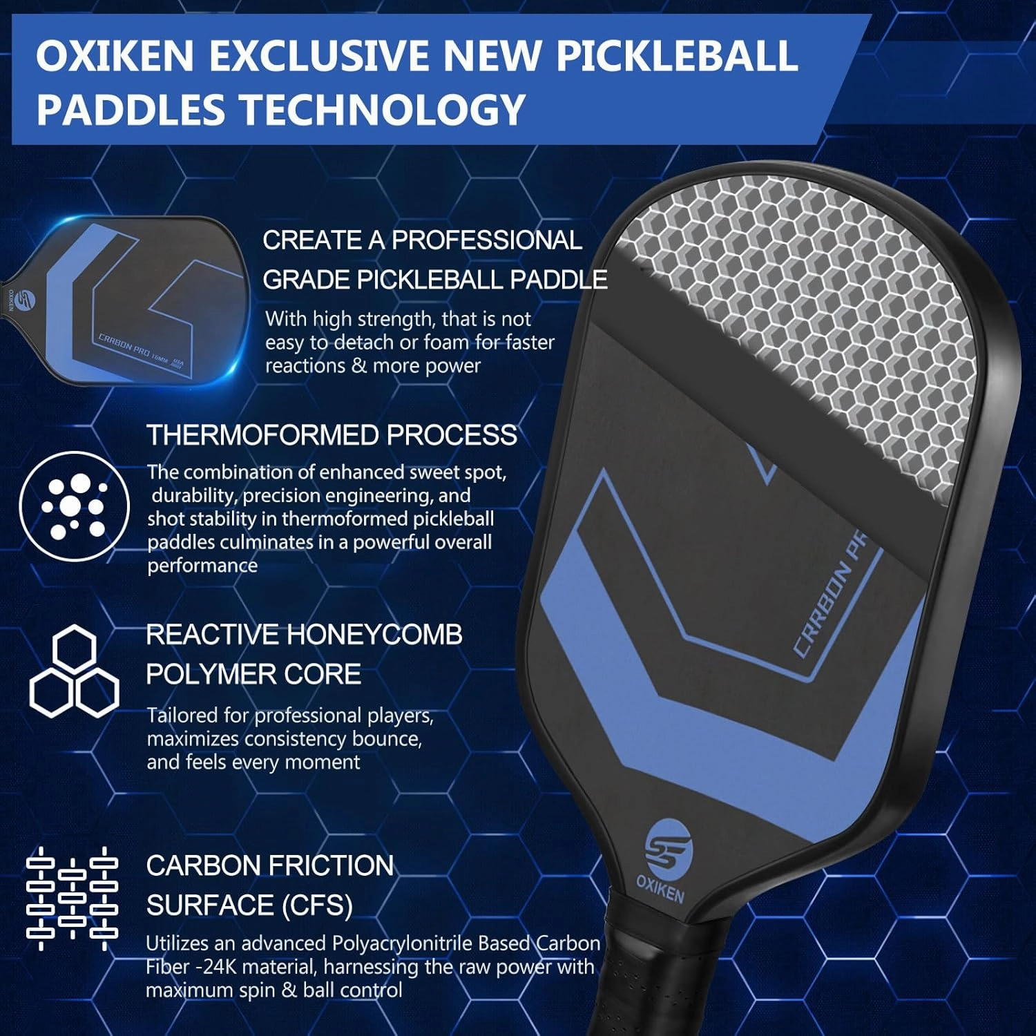 OXIKEN 10/13/16 mm Pickleball Paddles 2025 USAPA Approved T700 Carbon Fiber Pickle Paddle (CFS), High Grit & Spin, Honeycomb Core, 5.5” Elongated Handle, Anti Slip Sweat Absorbing Grip with Cover Case