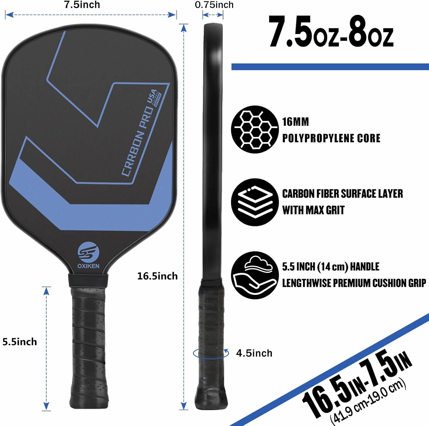 OXIKEN 10/13/16 mm Pickleball Paddles 2025 USAPA Approved T700 Carbon Fiber Pickle Paddle (CFS), High Grit & Spin, Honeycomb Core, 5.5” Elongated Handle, Anti Slip Sweat Absorbing Grip with Cover Case