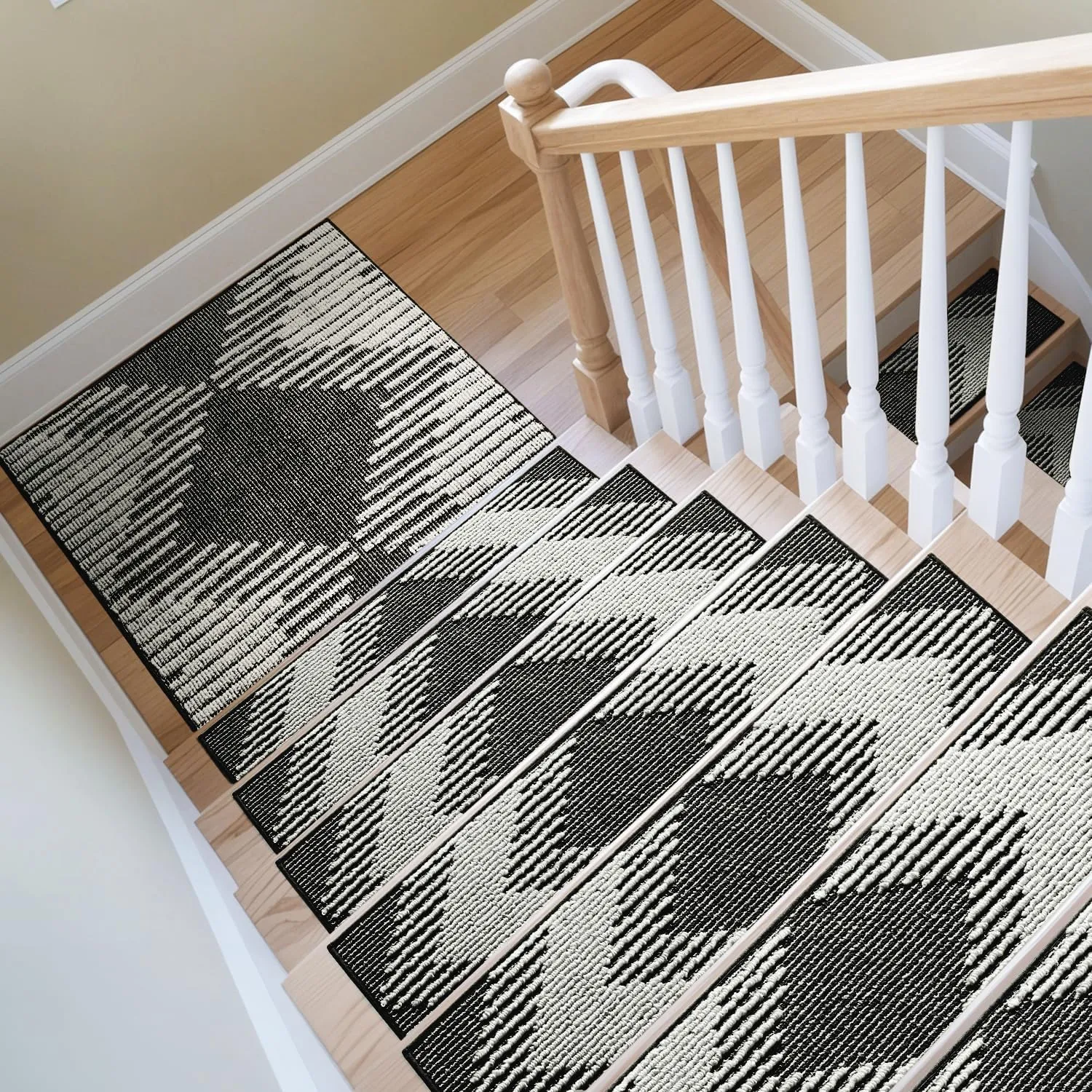 PADOOR Stair Treads Landing Mat Non Slip for Wooden Steps Indoor, 3D Peel and Stick Stair-Carpet Treads Washable Reusable Adhesive Stair Rugs for Kids and Dogs 31"x31" Black