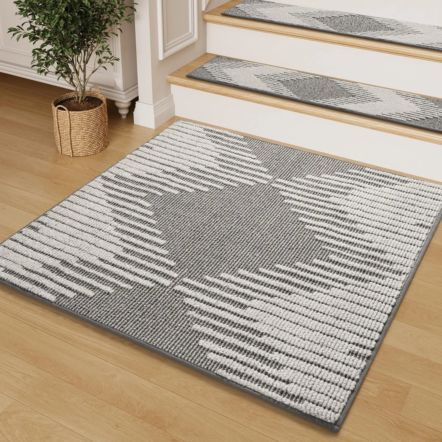 PADOOR Stair Treads Landing Mat Non Slip for Wooden Steps Indoor, 3D Peel and Stick Stair-Carpet Treads Washable Reusable Adhesive Stair Rugs for Kids and Dogs 31"x31" Grey
