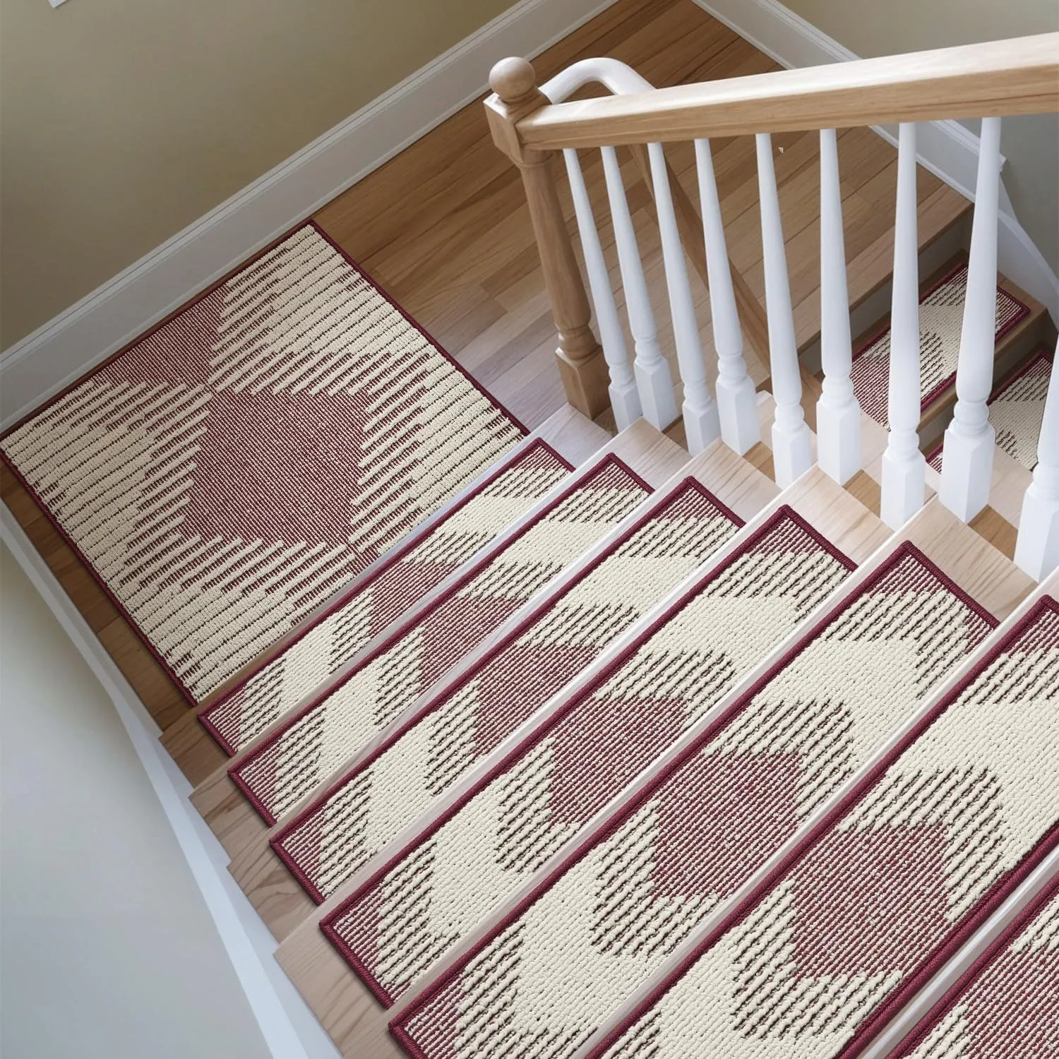 PADOOR Stair Treads Landing Mat Non Slip for Wooden Steps Indoor, 3D Peel and Stick Stair-Carpet Treads Washable Reusable Adhesive Stair Rugs for Kids and Dogs 31"x31" Red