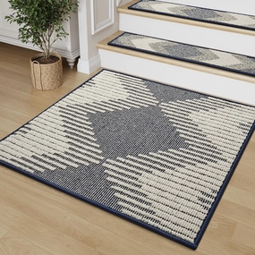 PADOOR Stair Treads Landing Mat Non Slip for Wooden Steps Indoor, 3D Peel and Stick Stair-Carpet Treads Washable Reusable Adhesive Stair Rugs for Kids and Dogs 31"x31" Blue