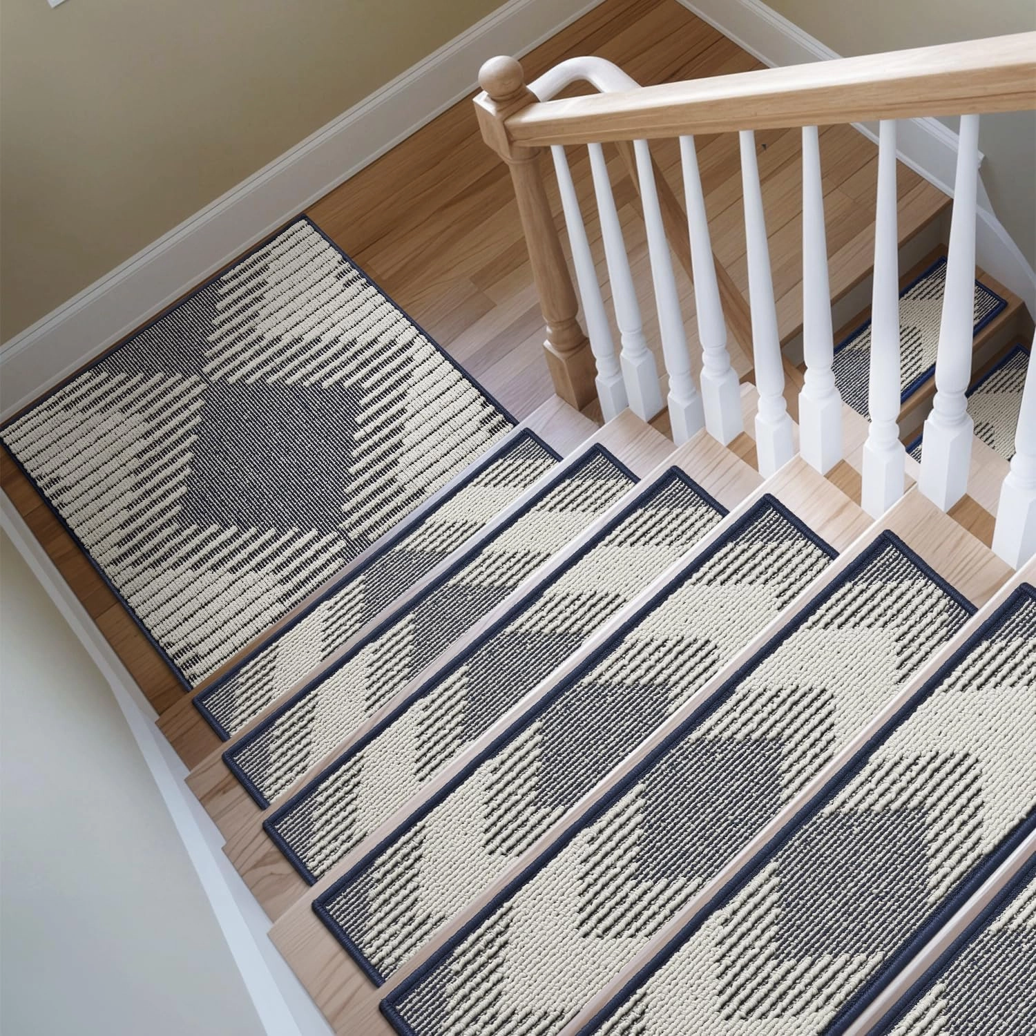 PADOOR Stair Treads Landing Mat Non Slip for Wooden Steps Indoor, 3D Peel and Stick Stair-Carpet Treads Washable Reusable Adhesive Stair Rugs for Kids and Dogs 31"x31" Blue