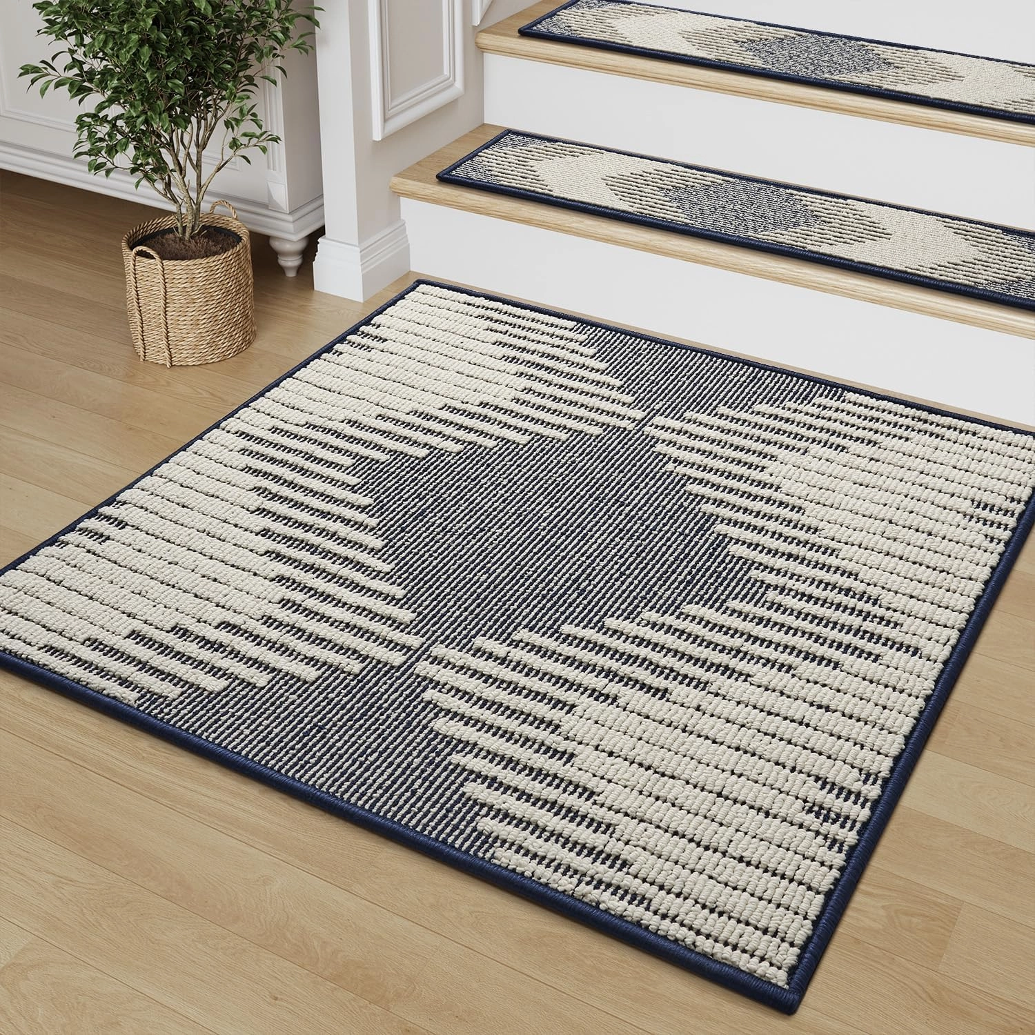 PADOOR Stair Treads Landing Mat Non Slip for Wooden Steps Indoor, 3D Peel and Stick Stair-Carpet Treads Washable Reusable Adhesive Stair Rugs for Kids and Dogs 31"x31" Blue