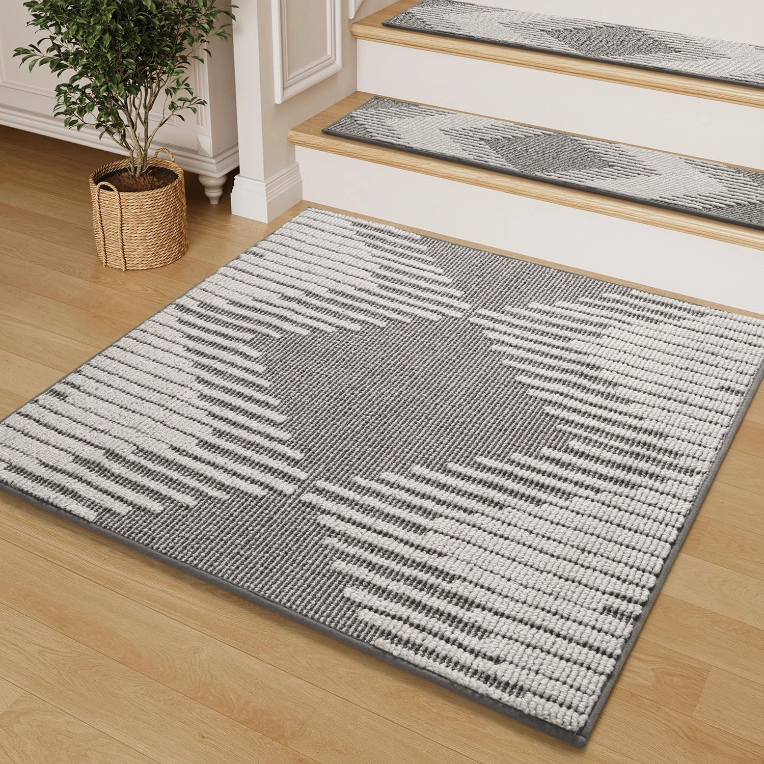 PADOOR Stair Treads Landing Mat Non Slip for Wooden Steps Indoor, 3D Peel and Stick Stair-Carpet Treads Washable Reusable Adhesive Stair Rugs for Kids and Dogs 31"x31" Grey