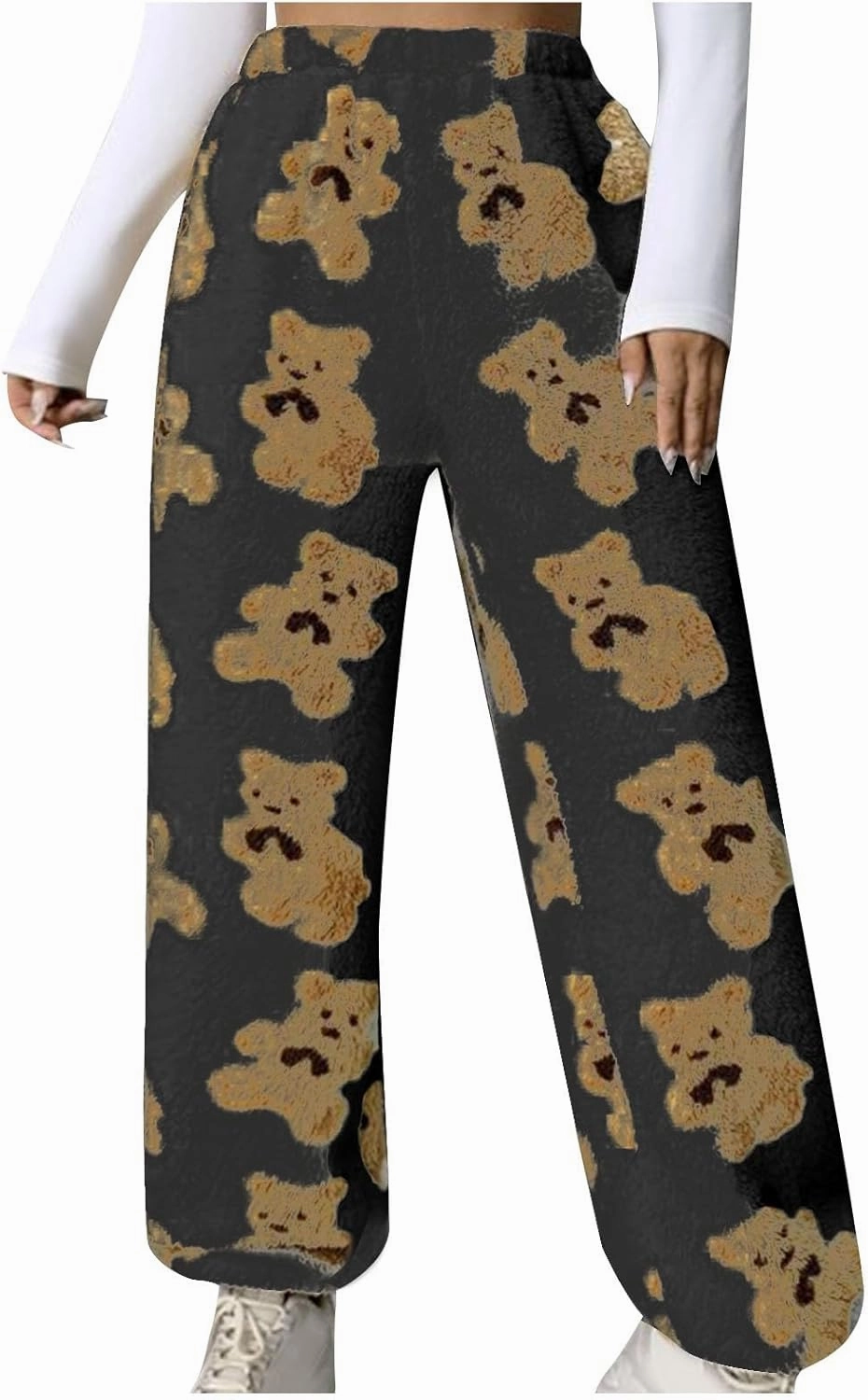 Pajama Pants for Women Cute Teddy Bear Print Sherpa Fleece Lined Pants Loose Fit Lounge Trousers Comfy Wide Leg Pants