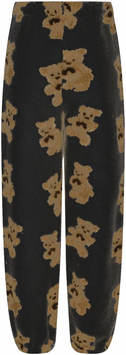 Pajama Pants for Women Cute Teddy Bear Print Sherpa Fleece Lined Pants Loose Fit Lounge Trousers Comfy Wide Leg Pants