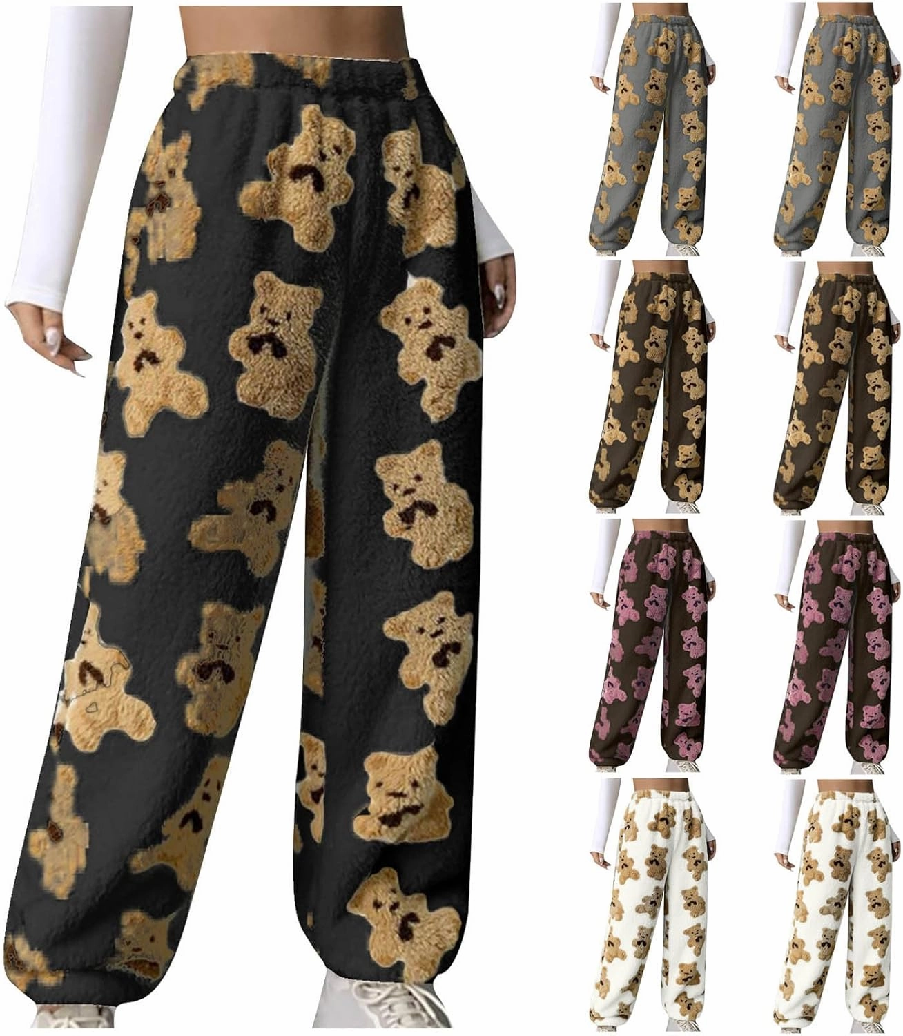 Pajama Pants for Women Cute Teddy Bear Print Sherpa Fleece Lined Pants Loose Fit Lounge Trousers Comfy Wide Leg Pants