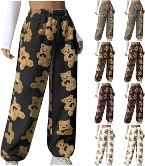 Pajama Pants for Women Cute Teddy Bear Print Sherpa Fleece Lined Pants Loose Fit Lounge Trousers Comfy Wide Leg Pants