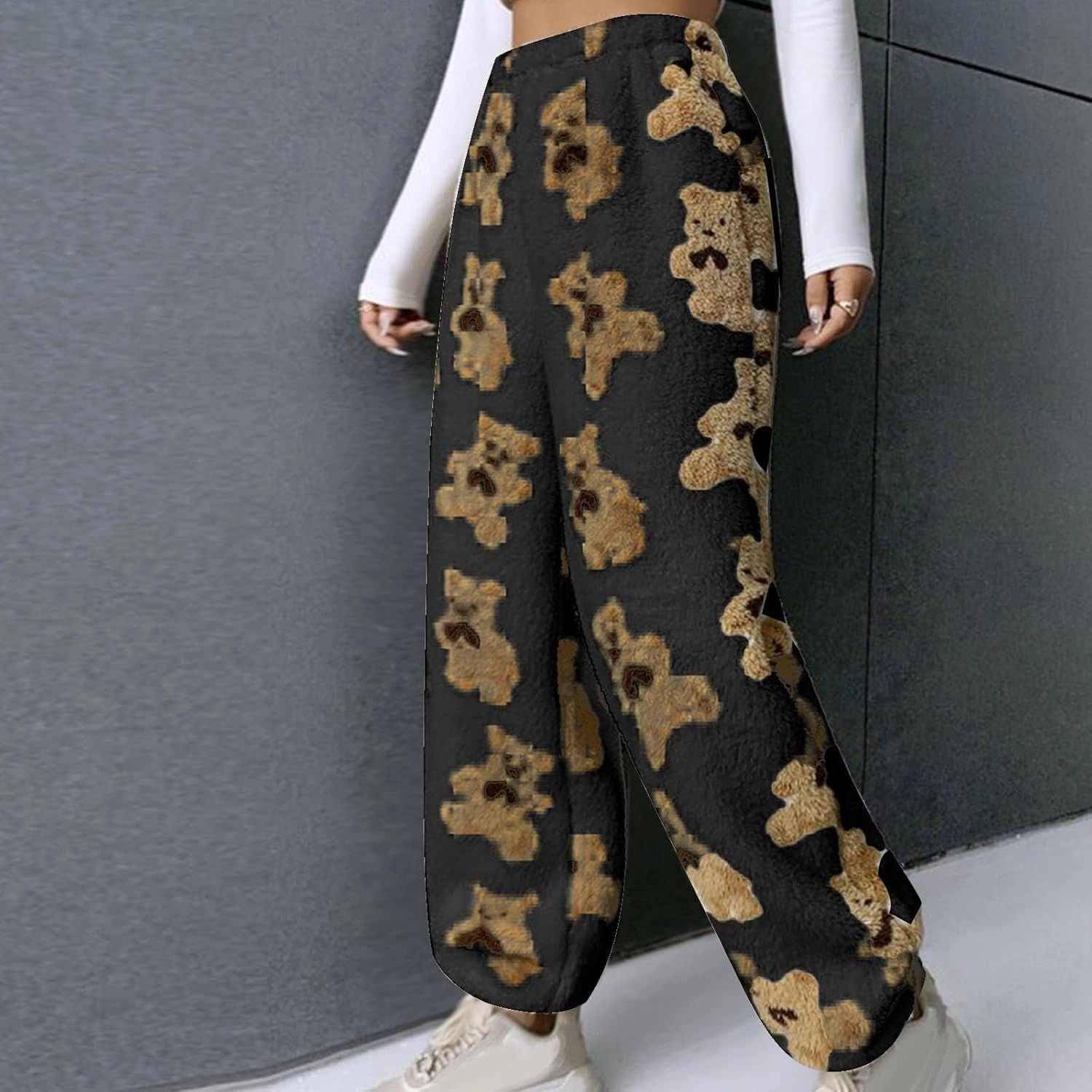 Pajama Pants for Women Cute Teddy Bear Print Sherpa Fleece Lined Pants Loose Fit Lounge Trousers Comfy Wide Leg Pants