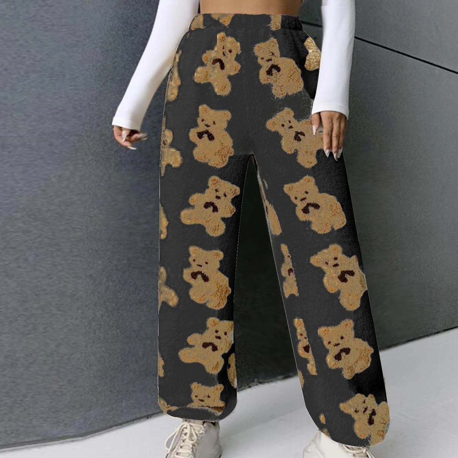 Pajama Pants for Women Cute Teddy Bear Print Sherpa Fleece Lined Pants Loose Fit Lounge Trousers Comfy Wide Leg Pants