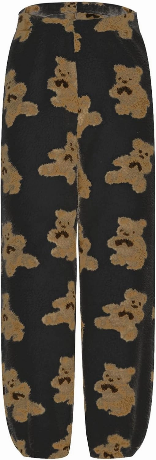 Pajama Pants for Women Cute Teddy Bear Print Sherpa Fleece Lined Pants Loose Fit Lounge Trousers Comfy Wide Leg Pants
