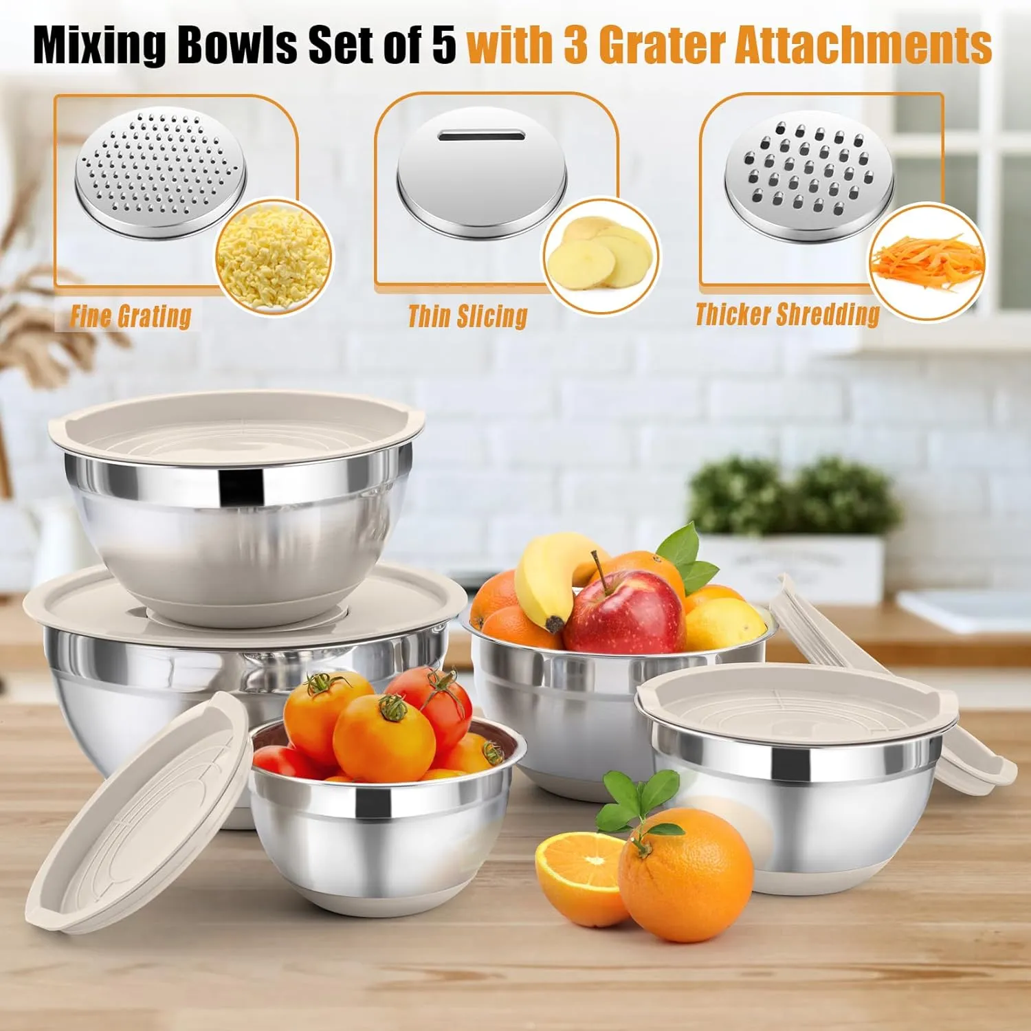 P&P CHEF Mixing Bowl with Lid Set, 5 Piece Stainless Steel Mixing Nesting Bowls for Salad Storage, 3 Grater Attachments & Non-Slip Bottoms, Size 1/1.5/2 / 2.6/4.6 QT, Khaki