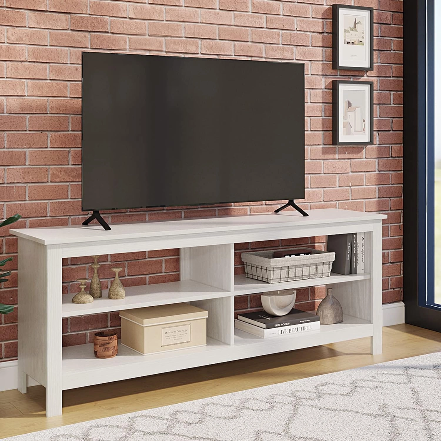 Panana TV Stand, 4 Cubby TV Stand for 60 inch TV, Farmhouse Television Stands Entertainment Center Media Stand with Storage TV Table Stand for Living Room (White 55 inches)