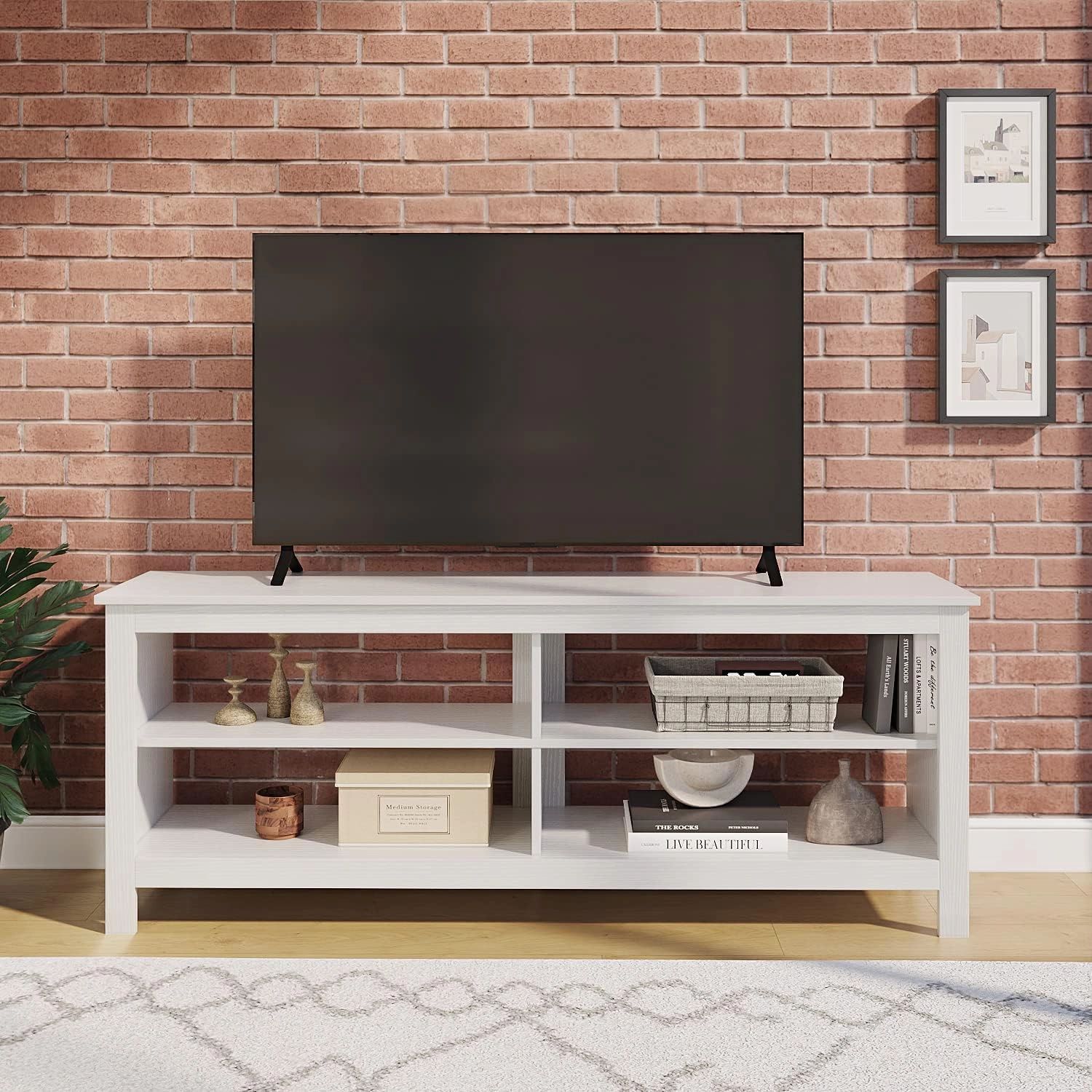 Panana TV Stand, 4 Cubby TV Stand for 60 inch TV, Farmhouse Television Stands Entertainment Center Media Stand with Storage TV Table Stand for Living Room (White 55 inches)