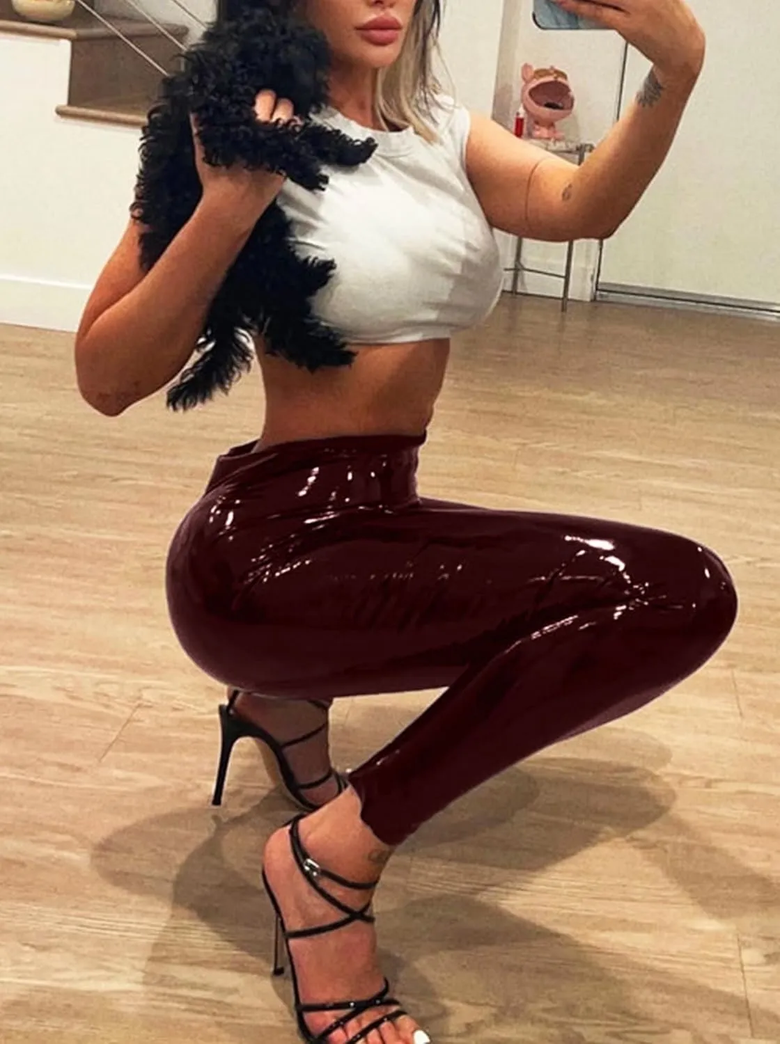 Patent Faux Leather Leggings for Women High Waisted Butt Lifting Lacquer Pleather Latex Shiny Pants Concert Outfits