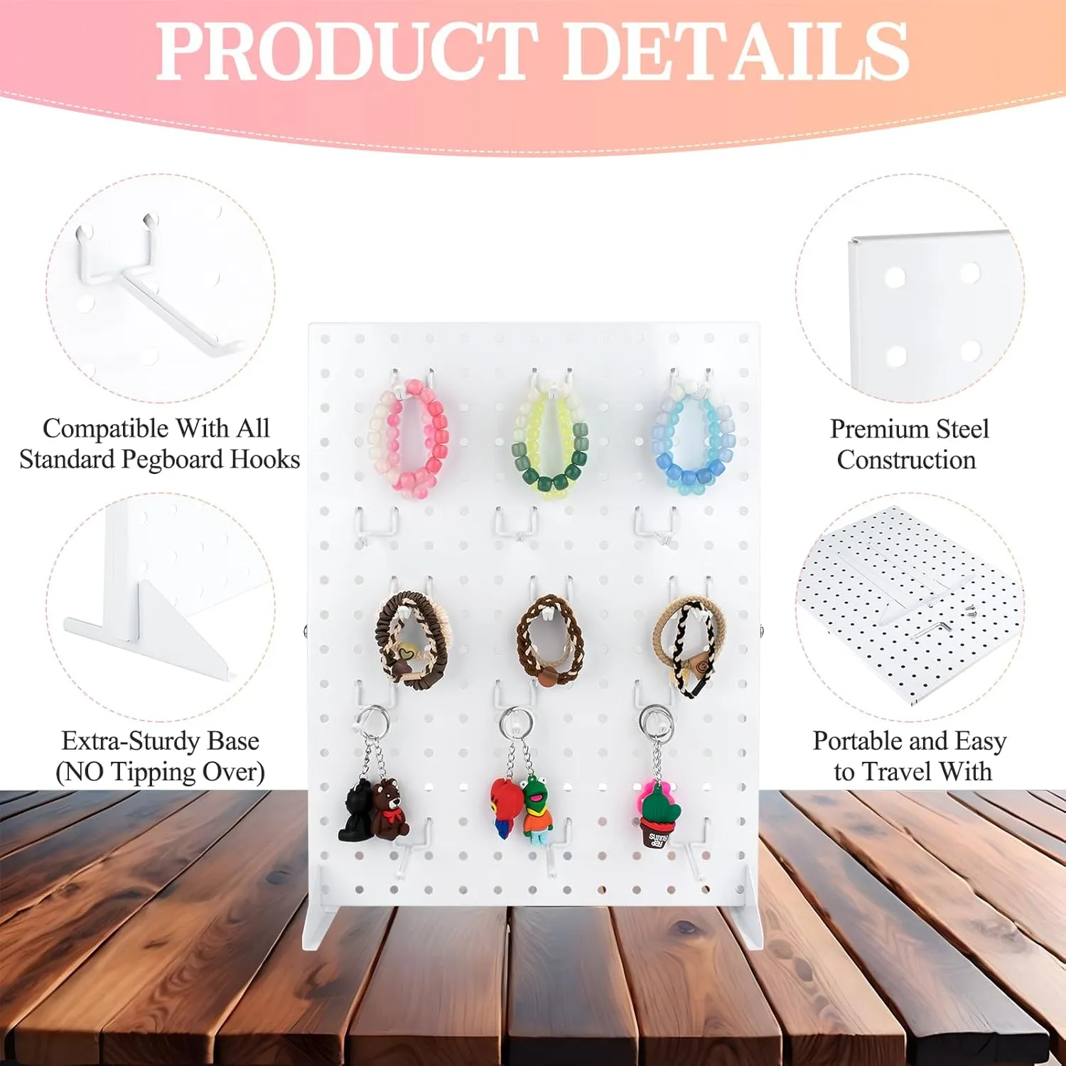 Peg Board Display Stand with 15 Hooks, Tabletop Metal Pegboard Shelf for Craft Shows & Fairs, Retail Stores, Vendors Arts and Crafts Finishing - 17x13Inch & White