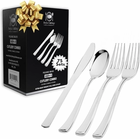 Perfect Settings 300 Pcs Silver Plastic Cutlery Set Strong Heavy Duty Disposable Silverware Set Elegant Flatware Utensils for Weddings, Holidays Parties -75 Settings