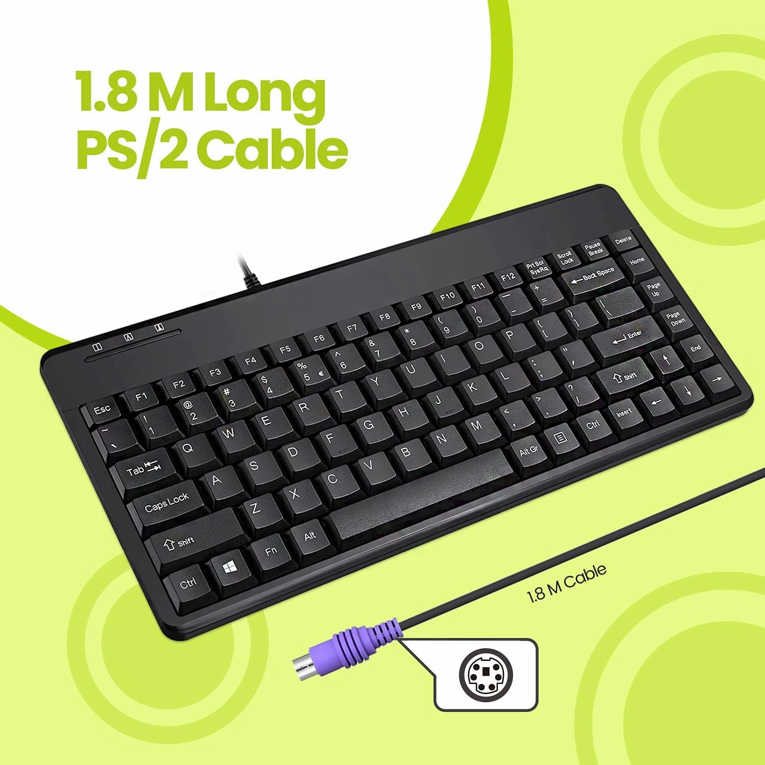 Perixx PERIBOARD-409P Wired PS2 Mini Keyboard, Black, US English Layout