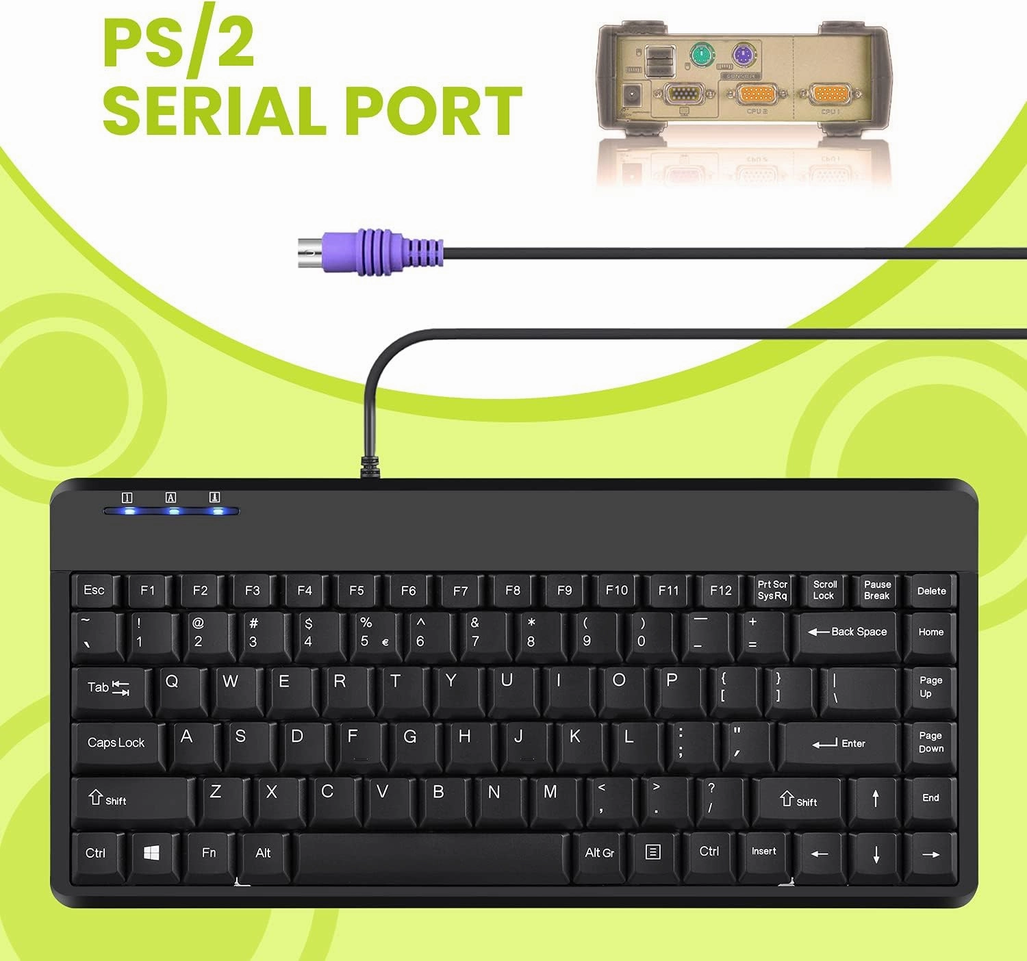 Perixx PERIBOARD-409P Wired PS2 Mini Keyboard, Black, US English Layout