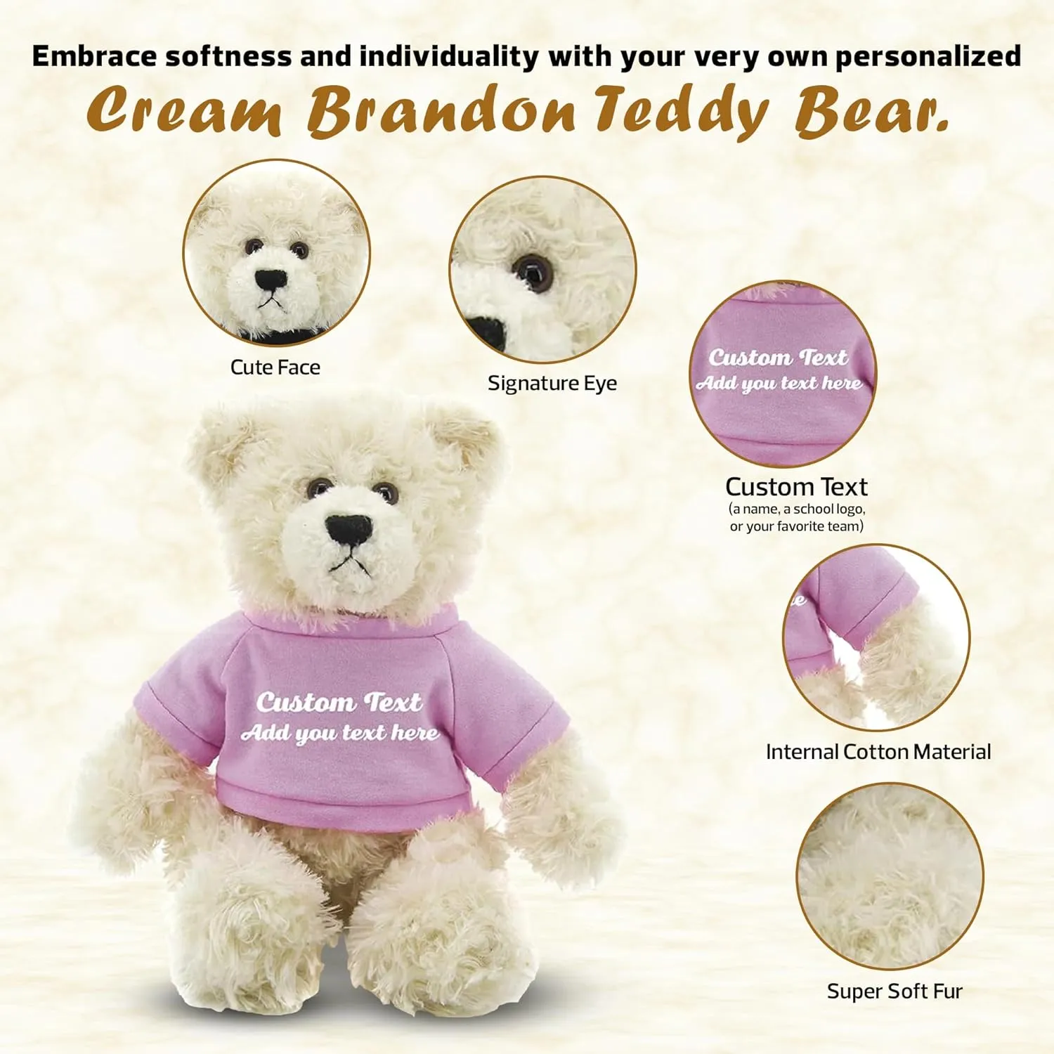 Personalized 12 Inch Cream Brandon Teddy Bear - Stuffed Animal Personalized Teddy Bears - Custom Teddy Bear Great Present for Valentine Graduation Day Birthday Mothers Day(Pink Shirt)