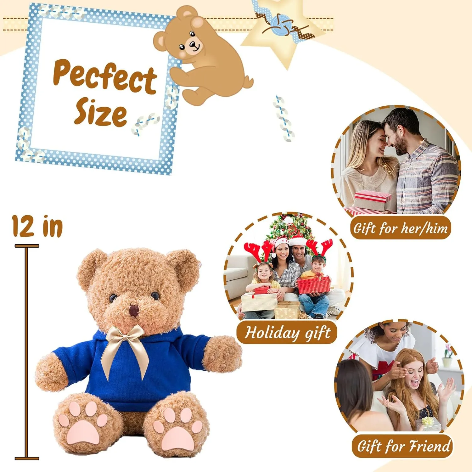 Personalized Gifts Teddy Bear for Him Her Stuffed Bear Plush Toys with Text Photo, Personalized Teddy Bear with Bow as Gifts for Christmas Valentines Day Birthday (12inch-Text Photo)
