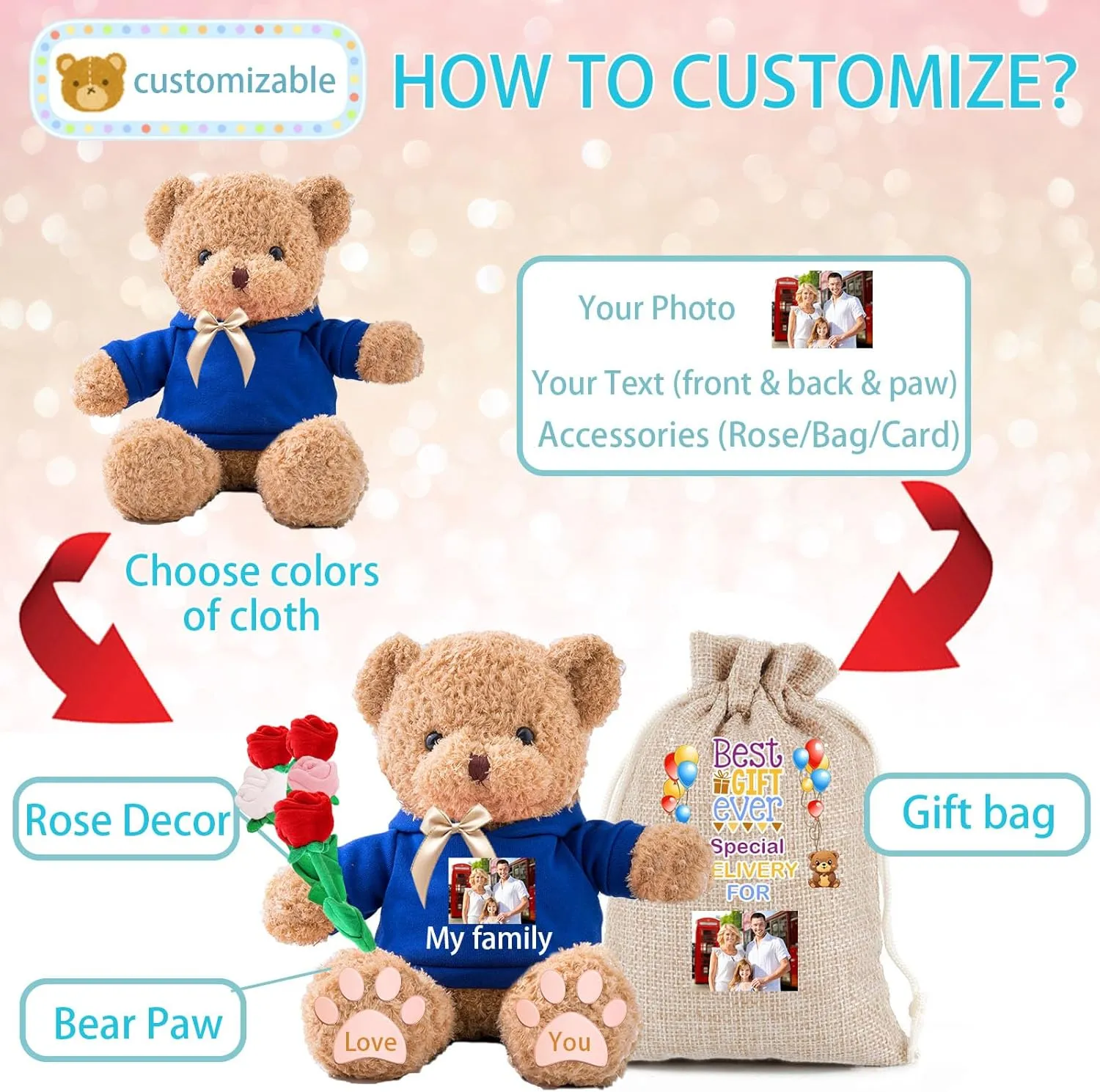 Personalized Gifts Teddy Bear for Him Her Stuffed Bear Plush Toys with Text Photo, Personalized Teddy Bear with Bow as Gifts for Christmas Valentines Day Birthday (12inch-Text Photo)