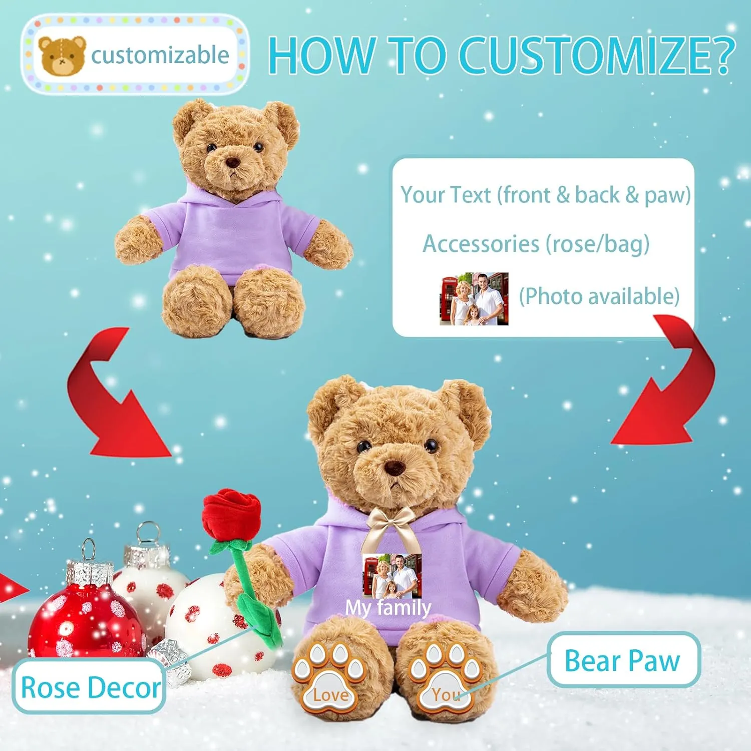 Personalized Teddy Bear for Her/Him, Custom Text Photo, Soft Fabric, Purple, 11 inch, Classic Bear, Multiple Occasions