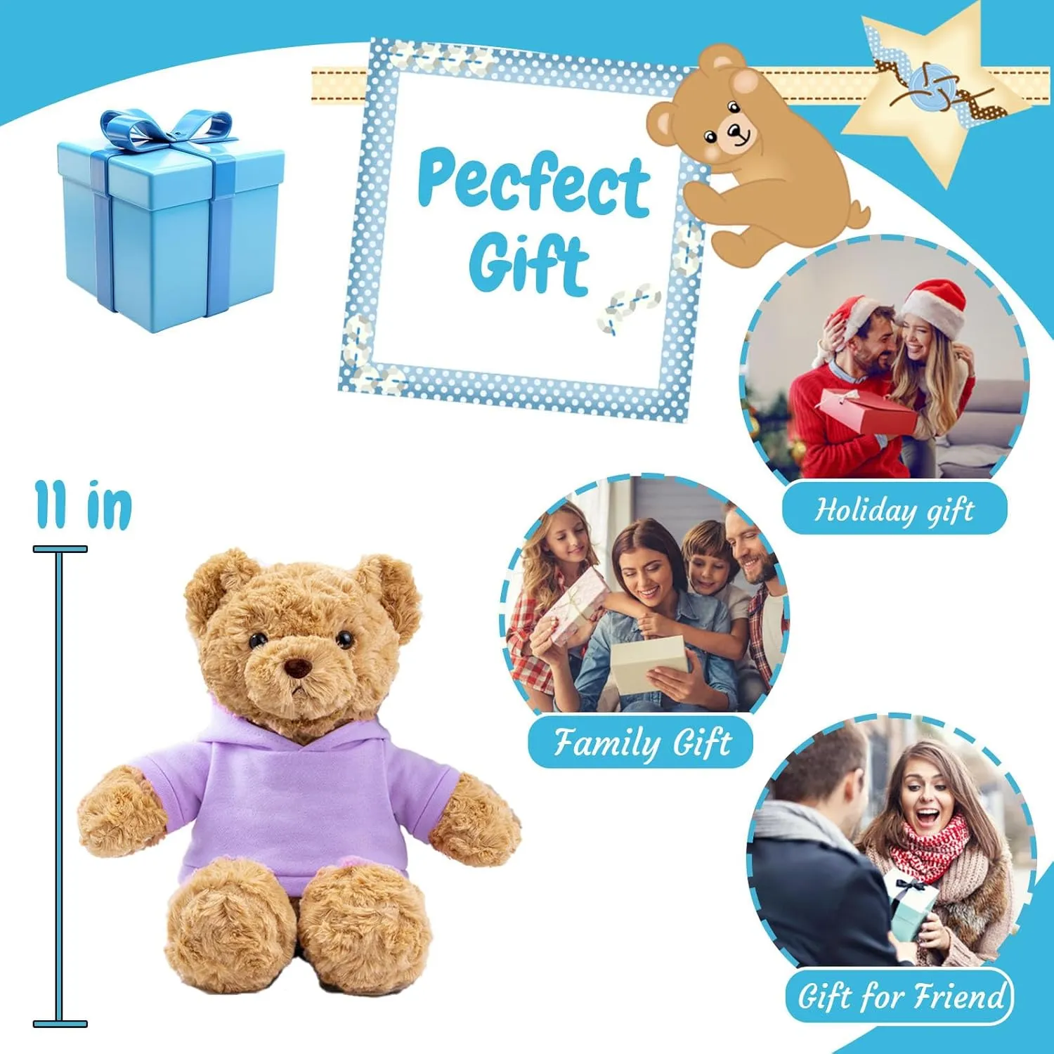 Personalized Teddy Bear for Her/Him, Custom Text Photo, Soft Fabric, Purple, 11 inch, Classic Bear, Multiple Occasions